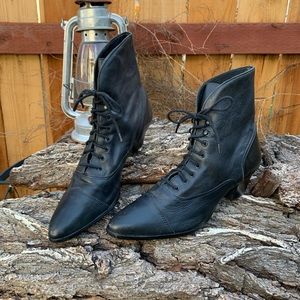 Black Leather Victorian Lace Up Witch Boots